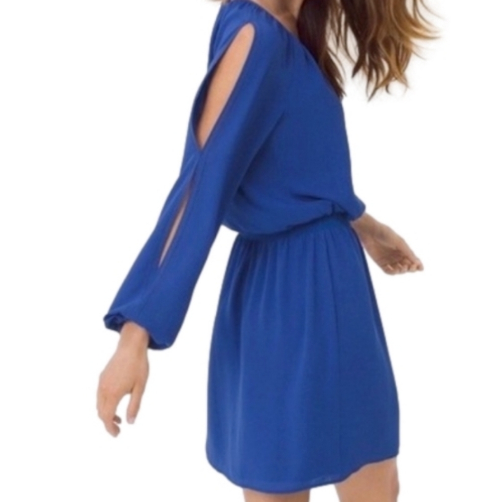 White House Black Market Blue Long Sleeve Dress Size 0 Slit-Sleeves Billowy EUC